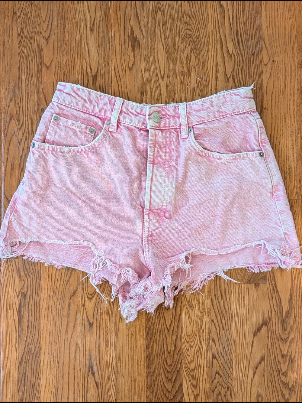 Zara Pink Denim Acid Wash High Rise Distressed Jean Shorts